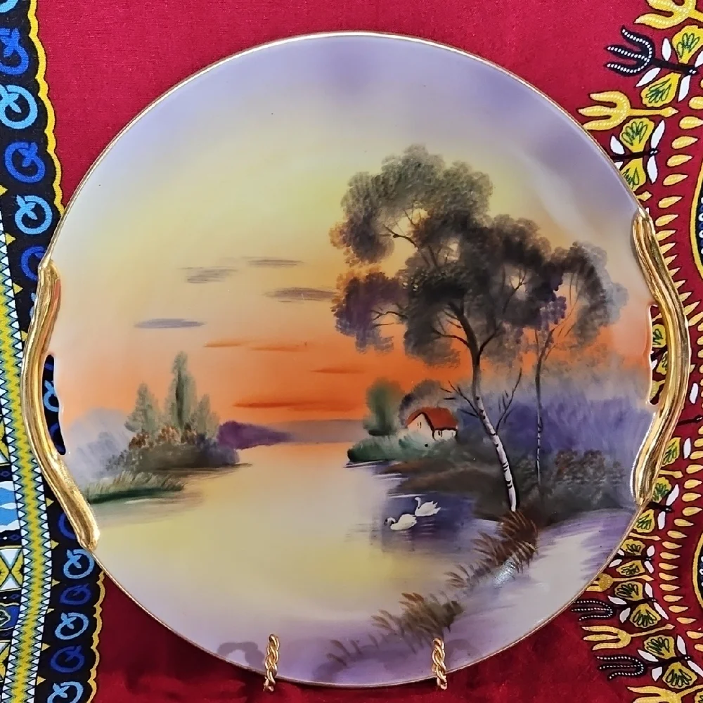 Vintage Noritake Hand Painted Scenic Plate - Japan Sunset Lake Cottage Swan Gold